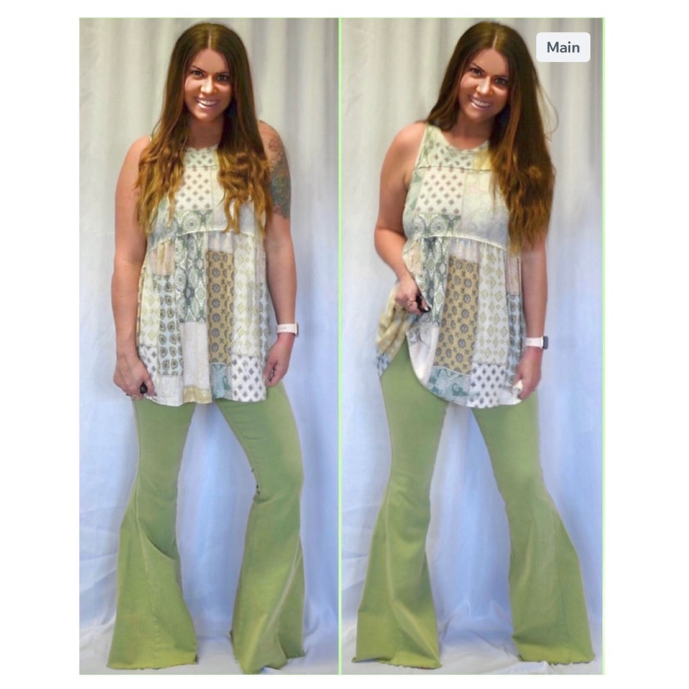 Pistachio Green Mineral Washed Pull On Bell Bottoms -   SKU: 9174